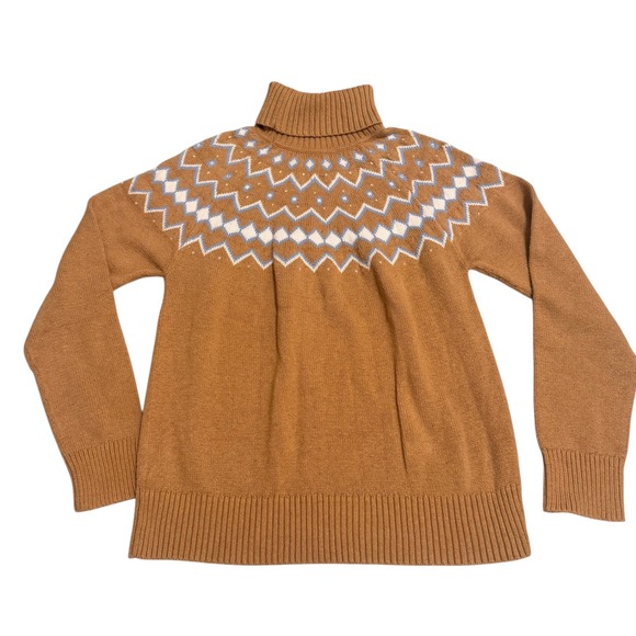 J.Crew Women's M Fair Isle Turtleneck Sweater Camel Tan Snowflake Nordic Cotton - Picture 5 of 7